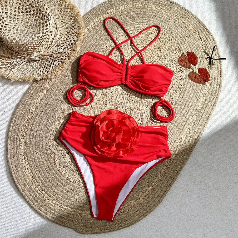 Swimsuit Bikini Ruched - Sexy rote 3D-Blumen-Bademode, Neckholder, Bandeau-Bikini-Sets, Badeanzug