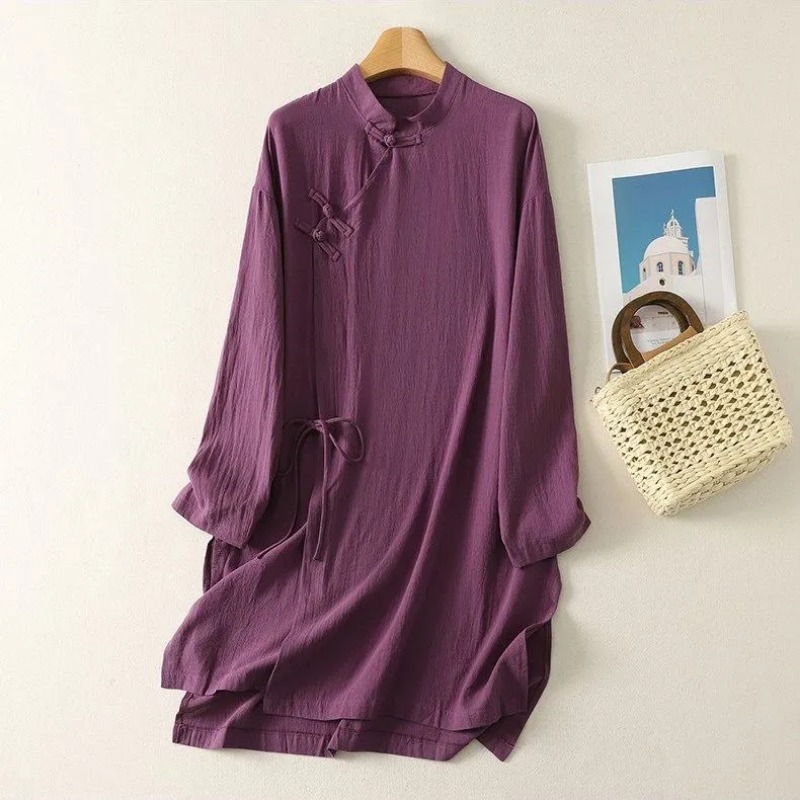 Linen Dress Wrap - Damen-Tunika-Kleid im chinesischen Stil mit Froschknöpfen,
